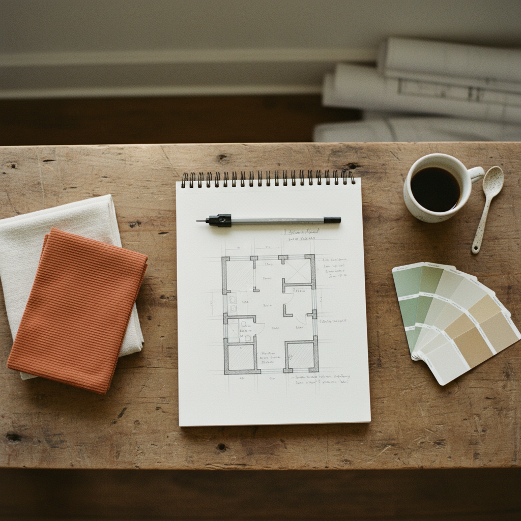 Mesa de trabajo con planos, muestras de materiales y café para planificar una reforma en Valencia