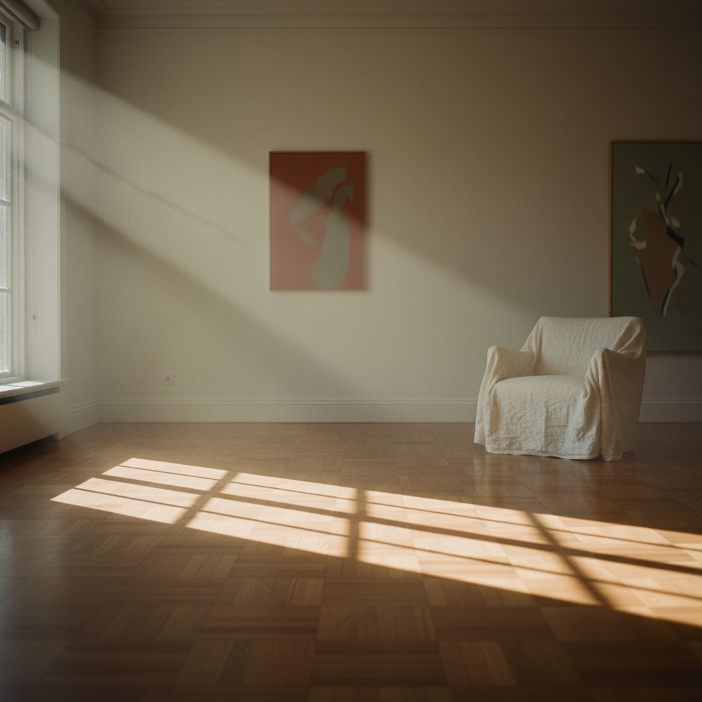 Habitación vacía con suelo de roble bañada por luz cálida de tarde