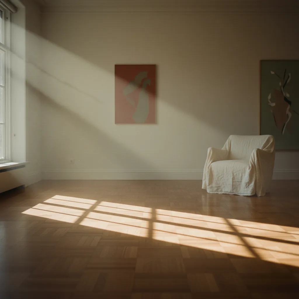 Habitación vacía con suelo de roble bañada por luz cálida de tarde