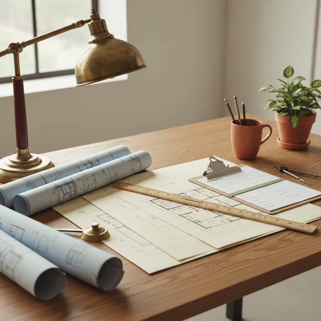 Planos arquitectónicos extendidos sobre escritorio de madera con regla y lámpara