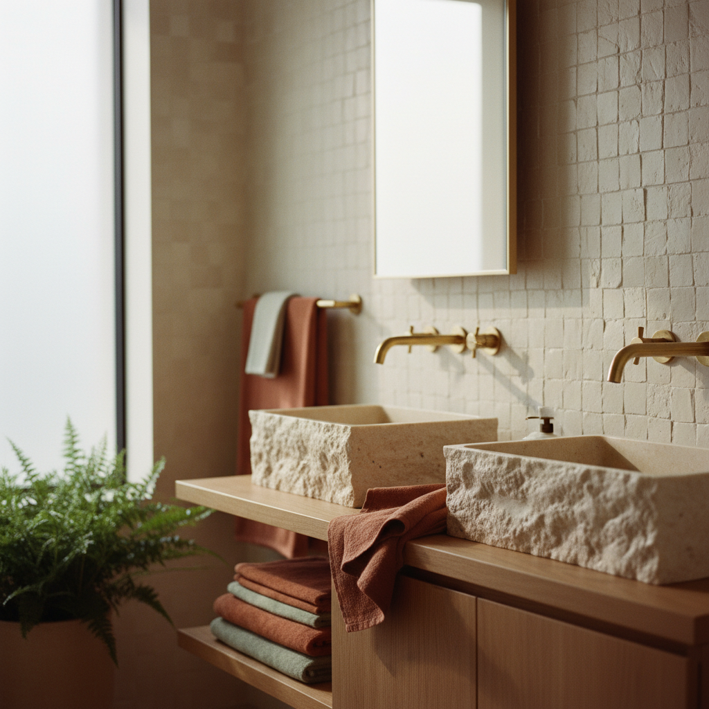 Detalle de baño reformado con azulejo zellige, sanitario suspendido y grifería en latón