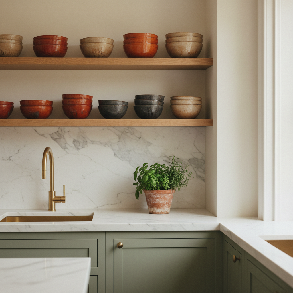 Cocina con muebles oliva, encimera de mármol y estantería abierta con cerámica artesana