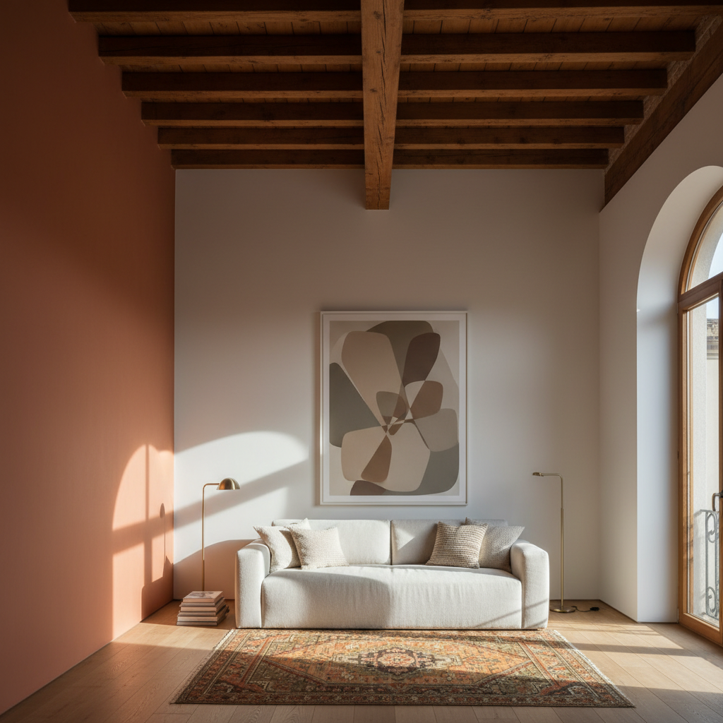Loft renovado en Valencia con vigas de madera y muro de terracota a la luz de la tarde