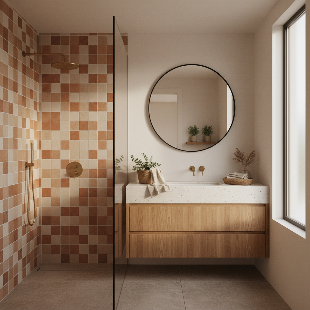 Baño reformado en Valencia con plato de ducha de obra, mampara fija y revestimiento de gran formato