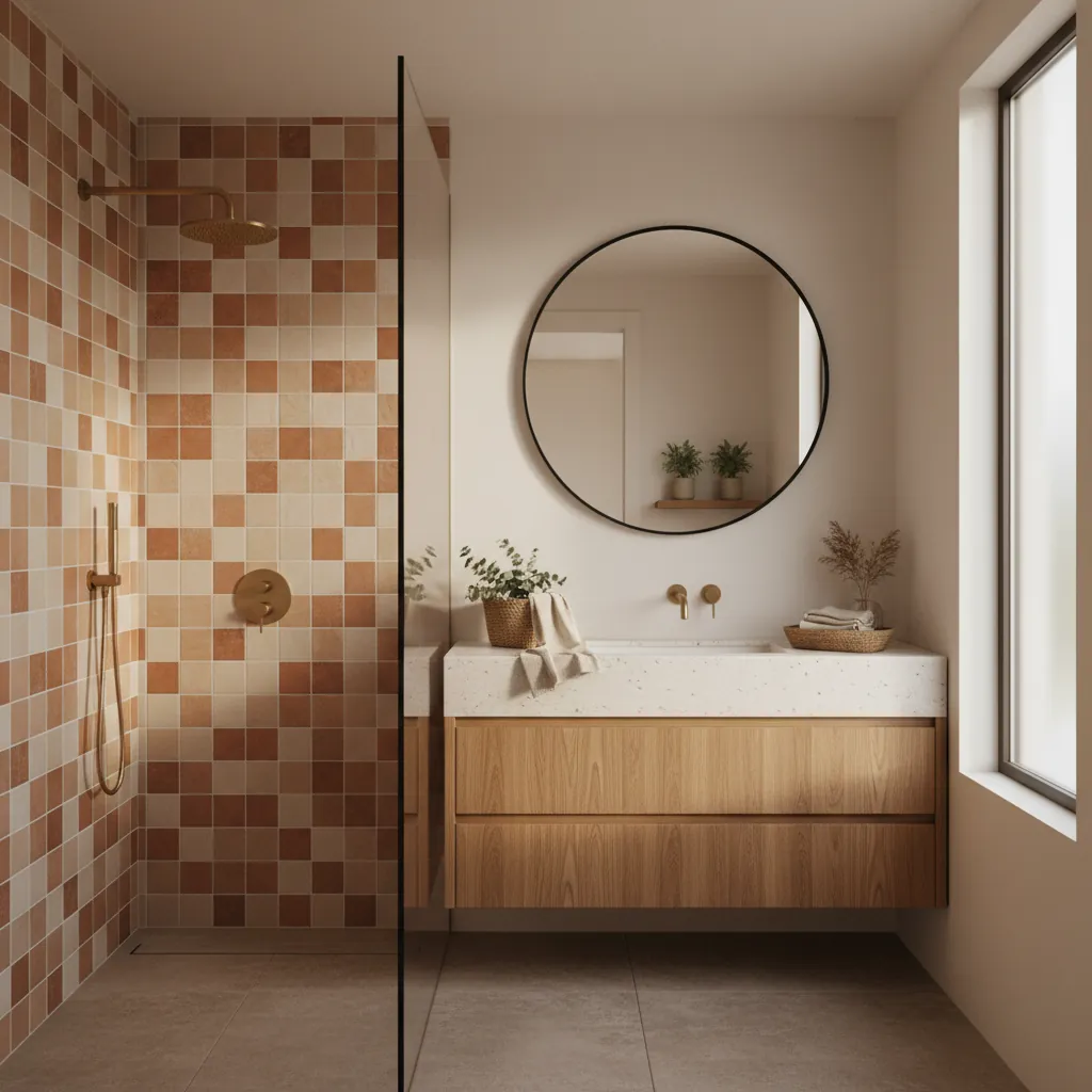 Baño reformado en Valencia con plato de ducha de obra, mampara fija y revestimiento de gran formato