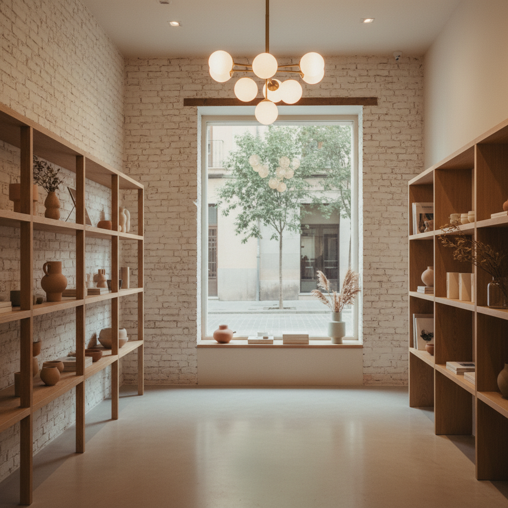 Local comercial reformado en Valencia con suelo de microcemento, iluminación lineal y mostrador de madera